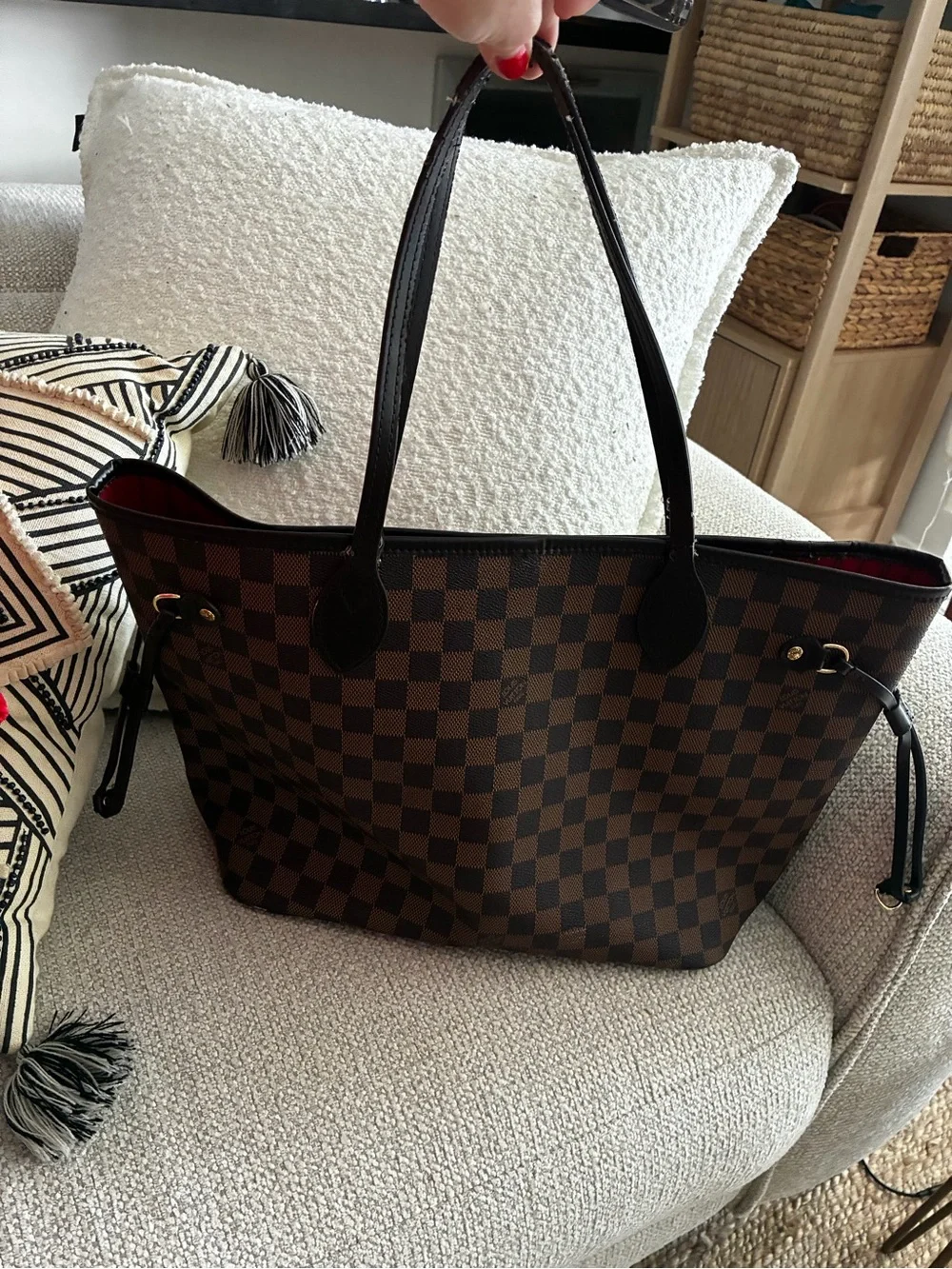 Louis Vuitton Brown Checkered Tote with Red Interior